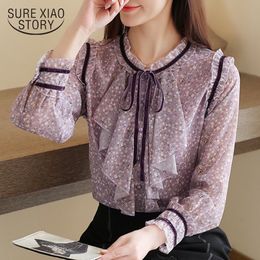 Fashion Bow Long Sleeve Chiffon Women Shirts Hollow Spring Temperament Purple Tops and Blouses Flower 8468 50 210510