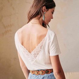 Jastie V neck Front and Back Lace Blouses Women Shirt Short Sleeve Summer Elegant Tops blusas mujer de moda Office Lady Shirts 210419