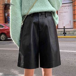 Winter PU Leather Loose Shorts Women's Wide Leg Elastic Waist Five Points Trouser Plus Size 10997 210508