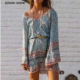 Boho Donne V Scollo Posizione Pranzo Floral Stampa Dress Summer Holiday Flare Manica Lunga Mini Abiti corti Abiti corti Dritto Vestidos 210429