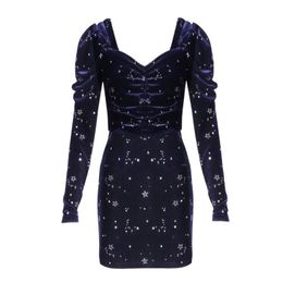 Navy Blue Black Star Velvet Long Sleeve Mini Short Pencil Dress V Neck Print Winter Autumn Elegant Sexy D0828 210514