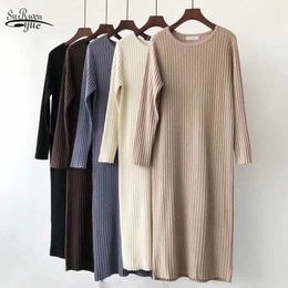 O-neck Mid-Length Solid Mid-calf Knitted Dress Autumn and Winter Korean Style Elegant Stripe Slimming Bottoming 11731 210521