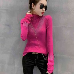 Fashion Women's Knitwear Spring Lace Stitching Slim Sweater Half Turtleneck Bottom Shirt 210520