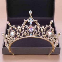 FORSEVEN Gold Colour Diadem Bridal Hair Jewellery Crystal Beads Tiaras Crown Headpiece Women Wedding Accessories JL 210707