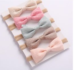 2021 Mini Petite Baby Bow Headband Handmade Linen Hair Bows Soft Nylon Headband Baby Hair Accessory 24pcs/lot