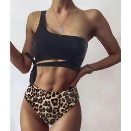 Bikini Swimsuit Women Push Up Set Sexy One Shoulder Beachwear Summer Leopard Bathing Suit High Waist Swimwear 210611