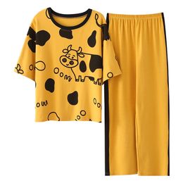 Spring Loungewear Women Crew Neck Pjs Homesuit Homeclothes Fashion Style Cartoon Printing Short Sleeve Long Pants Pj Set 210830