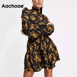Arrivals Floral Print Stand Neck Vintage Mini Dresses Butterfly Sleeve Casual Pleated Dress Vestidos Mujer 210413