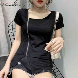 Summer Korean Clothes Cotton T-Shirt Girls Fashion Sexy Skew Collar Zipper Women Tops Short Sleeve Solid Tees T13124A 210421