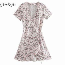 Holiday Summer Casual Wrap Dress Women Cross V Neck Short Sleeve Robe Femme A-line Floral Print Sweet Vestido 210430