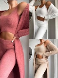 2022 Women 3 Piece Tracksuits Winter Sexy Home Wear Suit Casual Pyjamas Set Lady Female Soft Warm Long Sleeve Cardigan Vest Pants