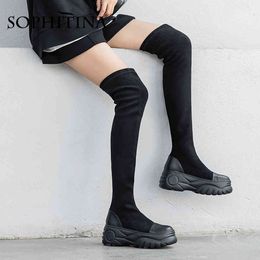 SOPHITINA Platform Elastic Ankle Boots Womens Autumn Thick High Heeled Sexy Stretchy Thigh High Boots Winter Fashion Shoes PO713 210513