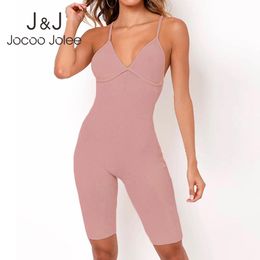 Jocoo Jolee Elegant Strap Knitting Bodycon Jumpsuits Overalls for Women Summer Sexy V Neck Backless Playsuits Casual Rompers 210518
