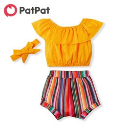 2 Summer 3-piece Baby Girl Flounced Word shoulder Top and Multi-color Rainbow bar Shorts Set Clothes Headband 210528