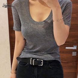 Solid Korean Women Clothing Ladies Tops Summer Blouse Sexy Low O-neck Thin Slim Fit Casual Short Sleeve 9269 50 210521