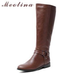 Winter Riding Boots Women Zipper Flat Knee High PU Leather Round Toe Tall Shoes Lady Autumn Plus Size 34-43 210517