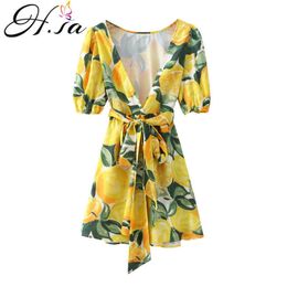 Hsa Dresses Women Summer Lemon Clothes Deep V Neck Boho Chic Robe Femme Tunic Loose Beach Streetwear Vestidos Mini Dress 210716