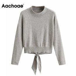 Aachoae Women Casual O Neck Grey Sweater Fashion Back Hollow Out Tie Up Top Batwing Long Sleeve Pullover Ladies Jumpers 210413