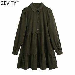 Zevity Women Turn Down Collar Buttons Corduroy Straight Dress Prairie Chic Puff Sleeve Vestido Pleats Mini Dress DS4940 210603