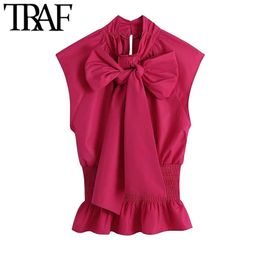 Women Fashion Smocked Elastic Hem With Ruffled Blouses Vintage Bow Tie Collar Sleeveless Female Shirts Chic Tops 210507