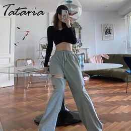 Spring Summer Woman Tracksuit Pants White Wide Leg Loose Jogger Trousers Women Casual Solid Black High Waisted with Ripped 210514