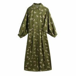 Casual Woman Green Print Satin Shirt Long Dress Spring Fashion Ladies Button Dresses Female Vintage Draped 210515