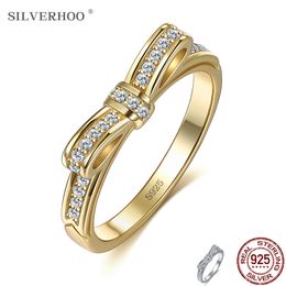 SILVERHOO Silver 925 Rings Women Kpop Style Bow-Knot Ring Female 5A Cubic Zirconia Wedding Fine Jewellery Gift For Girlfriend