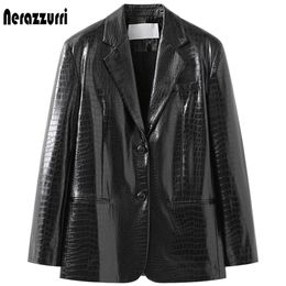 Nerazzurri Spring black reflective print leather blazer jacket for women long sleeve Soft faux leather blazer 211130