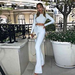 Summer Women's Bandage Zipper Sexy White Shirt And Pants 2 Pieces Two-piece Fashion Wide Leg Long Christmas Set 210915