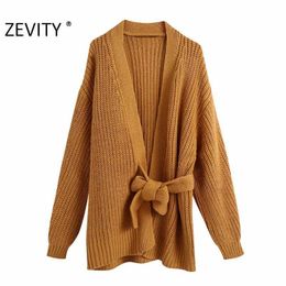 Zevity Women Leisure Cross V Neck Solid Colour Bow Tied Knitting Sweater Coat Ladies Long Sleeve Casual Kimono Chic Tops S444 210603