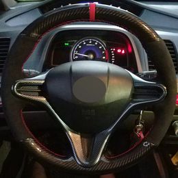 Car Steering Wheel Cover Non-Slip Black Carbon Fibre Suede For Honda Civic Civic 8 2006-2009 Old Civic 2004-2011 (3-Spoke)