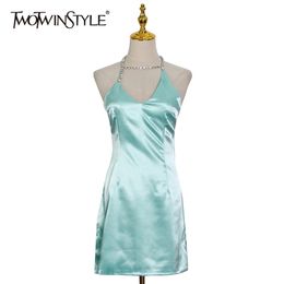 Backless Sexy Mini Sling Dress For Women V Neck Sleeve High Waist Patchwork Diamond Bodycon Dresses Female 210520