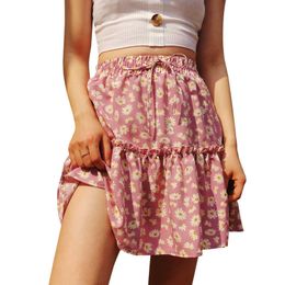 Summer Floral Print Mini Skirt Women Fashion High Waist Lace-up Girls Fresh And Sweet Sexy Ladies Pleated Short Skirt 210608