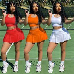 CM.YAYA Sporty Women Two 2 Piece Outfits Set Tank Tops and Pleated Skirts Jogger Fashion Sweatsuit Matching Active Tracksuit 220302