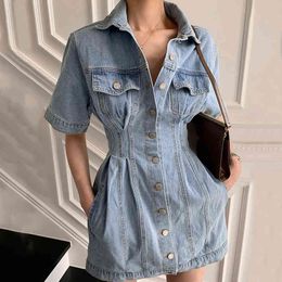 Elegant Temperament Gentle Summer Vintage Lapel Pleated Short-sleeved Washed Blue Denim Mini Dress Casual16F1324 210510