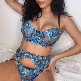 NXY sexy set Dvicky 3 Pieces Women Sexy Lingerie Set Floral Embroidery Exotic Clothing Lace Hot Dress See Through Mesh Sensual Underwear 1129