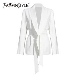 TWOTYLE White Casual Blazer For Women Notched Long Sleeve Tunic Sashes Korean Jacket Female Autumn Fashion 211006