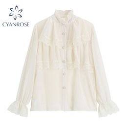Chiffon Korean Blouses And Shirts For Ladies Stylish Flare Long Sleeve Single Breasted Pearl Spliced Lace Retro Blusas Tops 210417