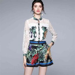 Spring 2 Piece Set Vintage Women Elegant Sweet Lace Splicing Long Sleeve Blouse Tops + High Waist Shorts Casual Fashion Suit 210519