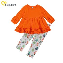 1-6Y Toddler Kid Girls Flower Clothes Set Autumn Ruffles Tunic Tops Floral Print Pants Outfits 210515