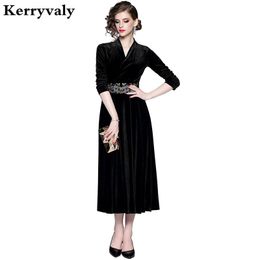 Casual Dresses V-neck Embroidered Velvet Winter Dress Vestidos Mujer 2021 Women Black Midi Party Moda Feminina K3588