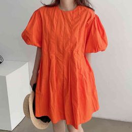 []EWQKorea Chic Black Puff Sleeve Loose Casual Ladies Summer Product Printed Dress Trendy Clothing Vestido Women 16W822 210510