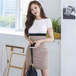 Patchwork Knit mini tight Dress korean ladies Sexy Summer SHort Sleeve Crew neck nightclub party Dresses for women 210602