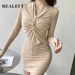 Cross Design Women's Sexy Dress Fashion Chic Long Sleeve V Neck Solid Colour Mini Bodycon Party Dresses Female 210428