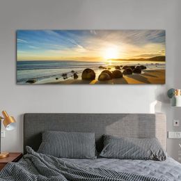 Natural Blue Sky Stone Beach Sunset Landscape Posters and Prints Canvas Painting Scandinavian Wall Art Picture for Living Room