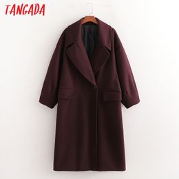 Women Winter Wine Red Thick Warm Woollen Coat Pockets Office Lady Outerwear Chic Long Overcoat 1D65 210416