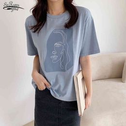 Summer Fashion White Round-neck Tops Blusas Korean Short Sleeve Loose Jumper Abstract Human Face Printed Woman's Shirt 9947 210508