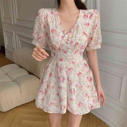 Elegant Flower Print Slim Jumpsuit Women High Waist Wide Leg Bodysuit V-Neck Short Sleeve Playsuit Summer 210519