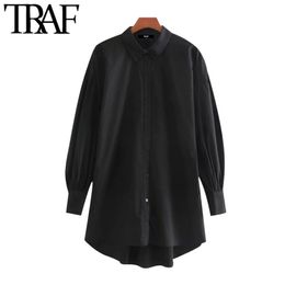 TRAF Women Fashion Button-up Loose Irregular Blouses Vintage Lapel Collar Long Sleeve Female Shirts Chic Tops 210415
