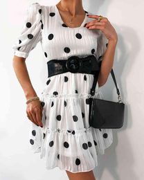 Spring Women Dot Mini Dress Casual Sexy V-Neck Belt Hot Stamping Short Sleeve Pleated Party Dresses New Ladies Clothings 210415